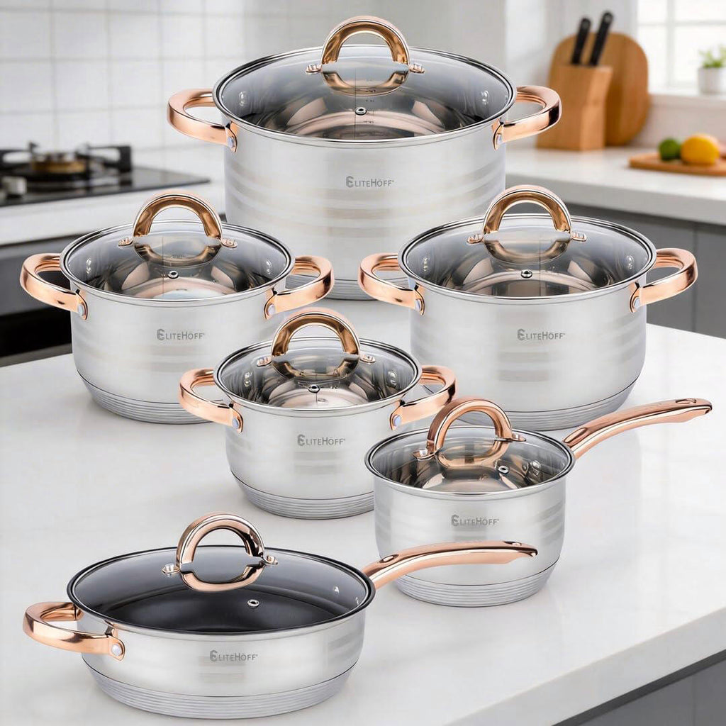 Bateria de Cozinha 12 Peças em Aço Inoxidável com Tampas