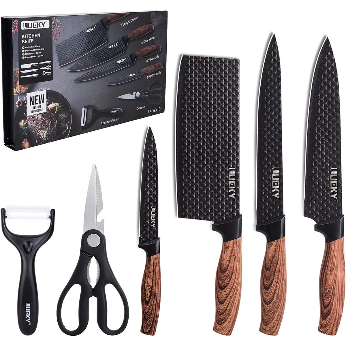 Conjunto de Facas de Cozinha 6 Peças com Descascador e Tesoura – Preto