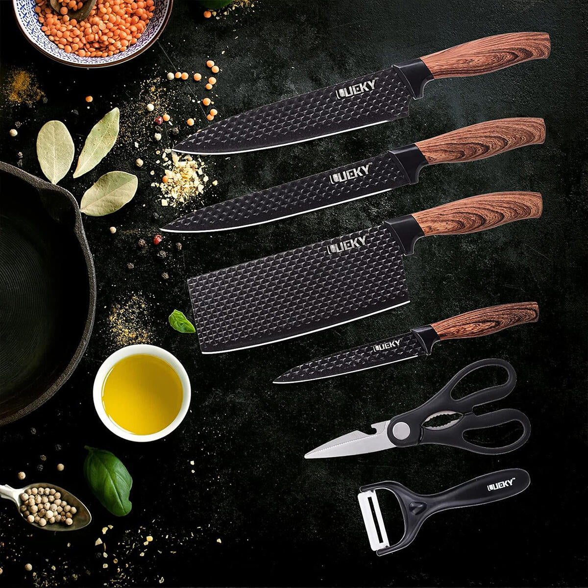 Conjunto de Facas de Cozinha 6 Peças com Descascador e Tesoura – Preto
