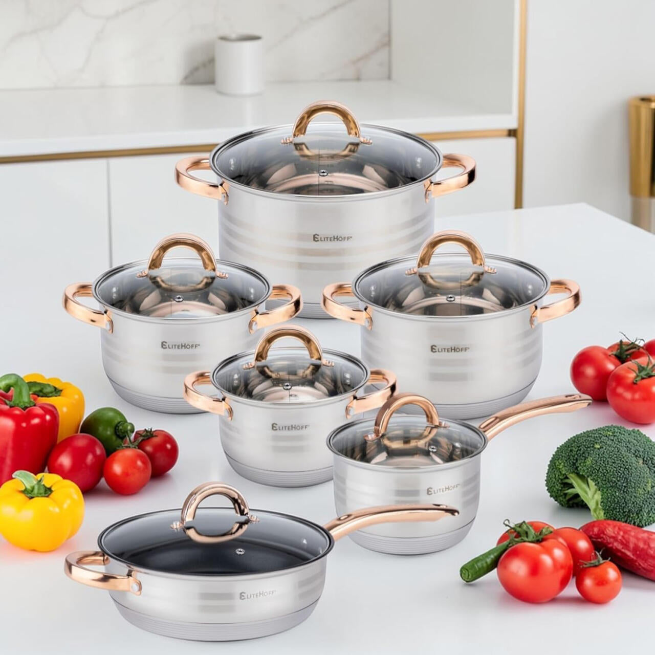 Bateria de Cozinha 12 Peças em Aço Inoxidável com Tampas